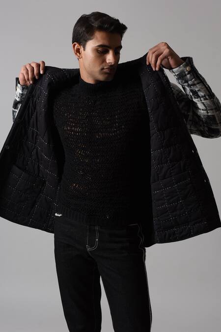 Shop_Countrymade_Grey Linen, Modal Embroidery Solitude Printed Quilted Reversible Shirt_Online_at_Aza_Fashions