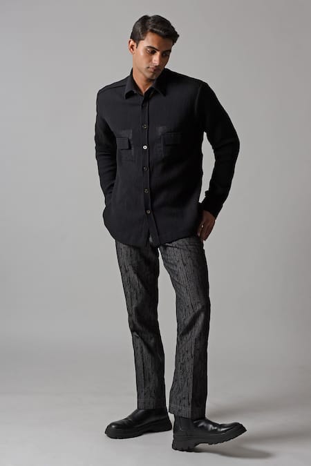 Countrymade Black Double Cloth Cotton Crinkle Textured Juxtaposed Shirt 