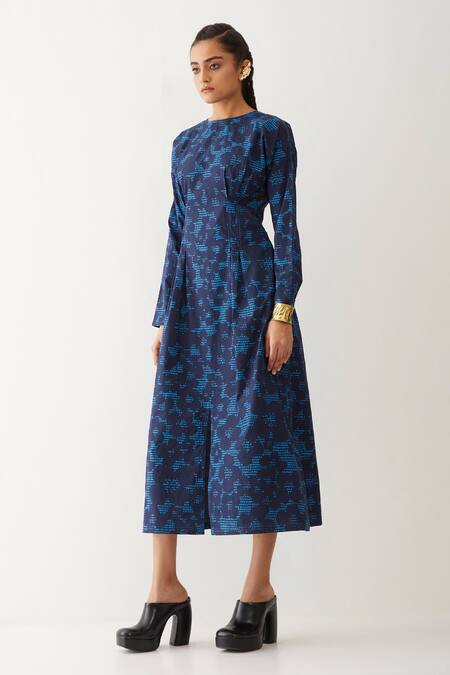 Son Of A Noble Snob_Blue Cotton Round Neck Lara Dot Print Sheath Dress _Online_at_Aza_Fashions