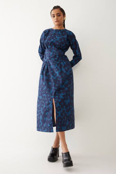 Buy_Son Of A Noble Snob_Blue Cotton Round Neck Lara Dot Print Sheath Dress _Online_at_Aza_Fashions