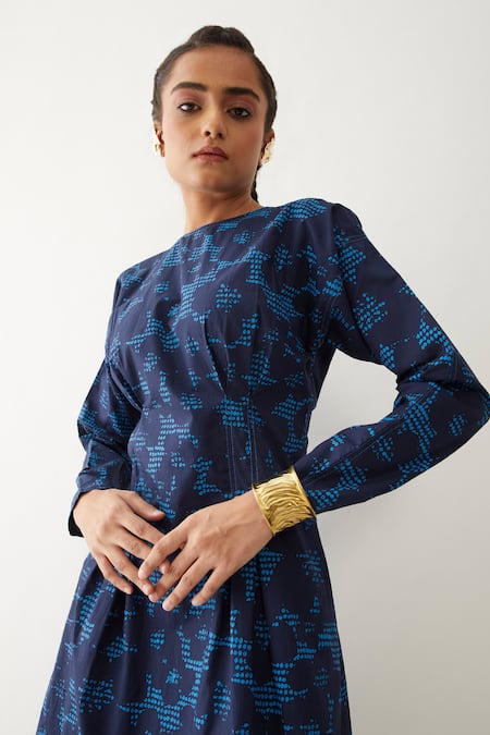 Shop_Son Of A Noble Snob_Blue Cotton Round Neck Lara Dot Print Sheath Dress _Online_at_Aza_Fashions