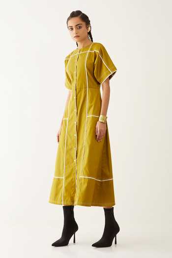 Son Of A Noble Snob_Gold Cotton Satin Piping Round Neck Maine Checkered Dress_Online_at_Aza_Fashions