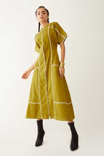 Buy_Son Of A Noble Snob_Gold Cotton Satin Piping Round Neck Maine Checkered Dress_Online_at_Aza_Fashions