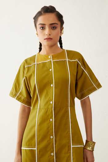 Shop_Son Of A Noble Snob_Gold Cotton Satin Piping Round Neck Maine Checkered Dress_Online_at_Aza_Fashions