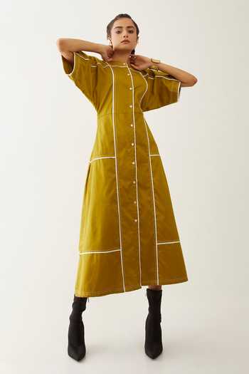 Son Of A Noble Snob_Gold Cotton Satin Piping Round Neck Maine Checkered Dress_at_Aza_Fashions