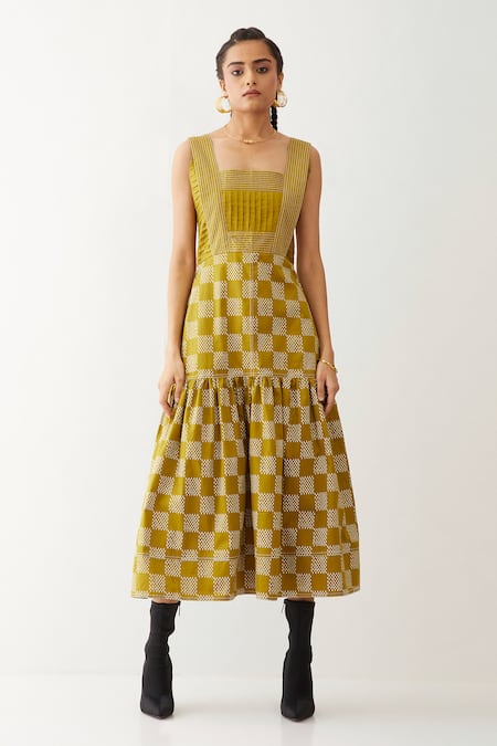 Son Of A Noble Snob Gold Cotton Satin Square Neck Maple Checkered Pattern Dress 