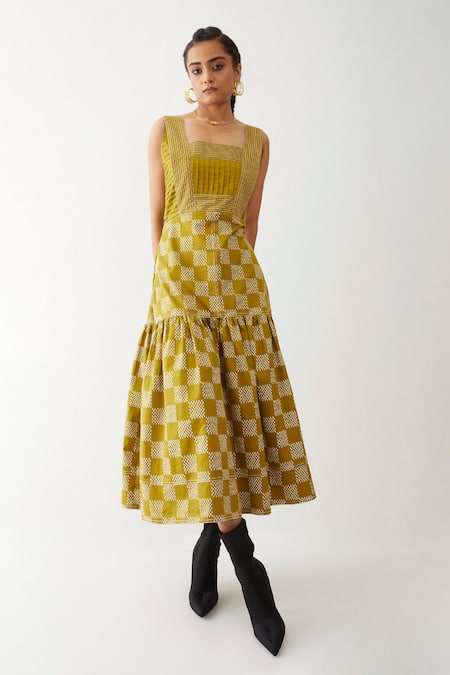 Son Of A Noble Snob_Gold Cotton Satin Square Neck Maple Checkered Pattern Dress _Online_at_Aza_Fashions
