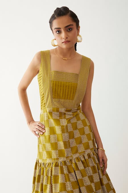 Buy_Son Of A Noble Snob_Gold Cotton Satin Square Neck Maple Checkered Pattern Dress _Online_at_Aza_Fashions