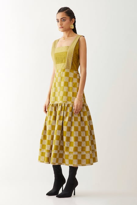 Shop_Son Of A Noble Snob_Gold Cotton Satin Square Neck Maple Checkered Pattern Dress _Online_at_Aza_Fashions