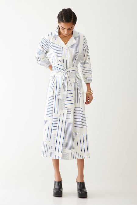 Son of A Noble Snob Off White Cotton Satin Printed Broken Stripe Lapel Mara Dress  