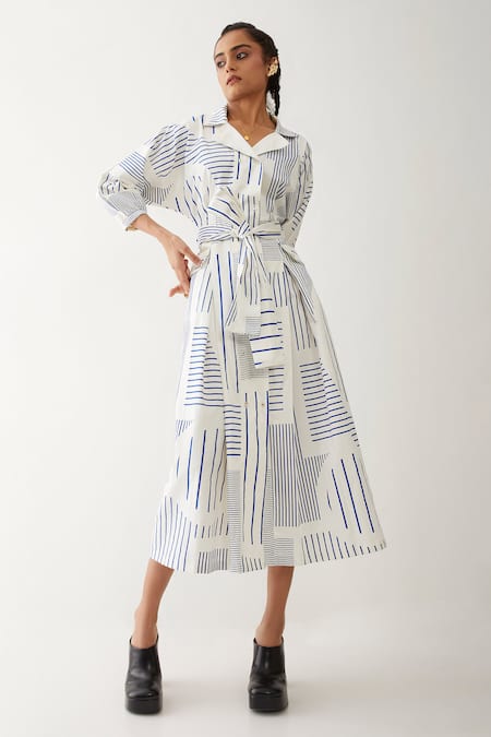Buy_Son Of A Noble Snob_Off White Cotton Satin Collared Mara Broken Stripe Print Dress _Online_at_Aza_Fashions
