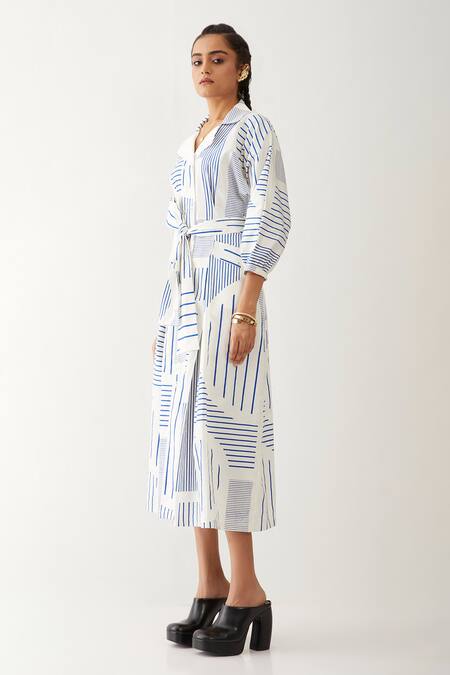 Shop_Son Of A Noble Snob_Off White Cotton Satin Collared Mara Broken Stripe Print Dress _Online_at_Aza_Fashions