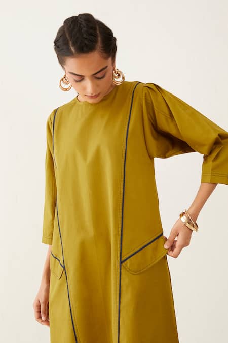 Son Of A Noble Snob_Gold Cotton Satin Piping Round Neck Martha Pattern Dress _Online_at_Aza_Fashions