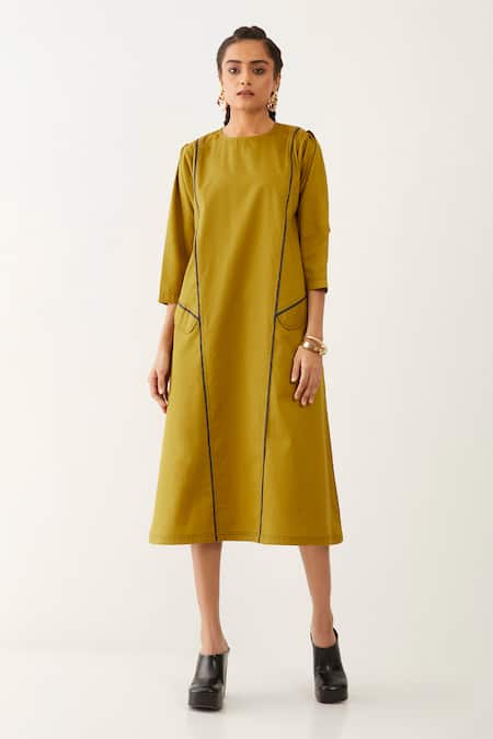 Buy_Son Of A Noble Snob_Gold Cotton Satin Piping Round Neck Martha Pattern Dress _Online_at_Aza_Fashions
