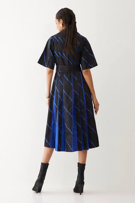 Shop Son Of A Noble Snob Black Cotton Satin Collared Monaco Diagonal Stripe Print Dress at Aza Fashions Shop_Son Of A Noble Snob_Black Cotton Satin Collared Monaco Diagonal Stripe Print Dress _at_Aza_Fashions