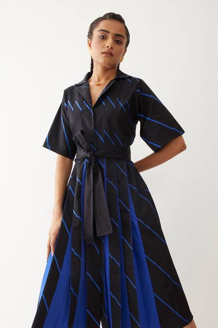 Son Of A Noble Snob Black Cotton Satin Collared Monaco Diagonal Stripe Print Dress Online at Aza Fashions Son Of A Noble Snob_Black Cotton Satin Collared Monaco Diagonal Stripe Print Dress _Online_at_Aza_Fashions