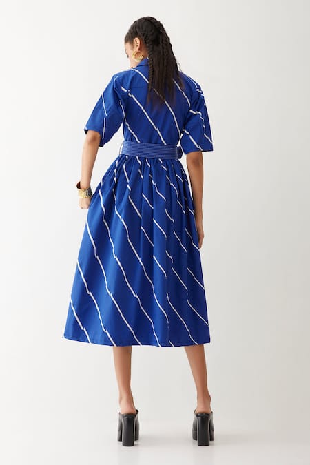 Shop Son Of A Noble Snob Blue Cotton Satin Bows Collared Olivia Stripe Print Dress at Aza Fashions Shop_Son Of A Noble Snob_Blue Cotton Satin Bows Collared Olivia Stripe Print Dress _at_Aza_Fashions