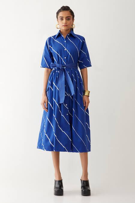 Buy Son Of A Noble Snob Blue Cotton Satin Bows Collared Olivia Stripe Print Dress Online at Aza Fashions Buy_Son Of A Noble Snob_Blue Cotton Satin Bows Collared Olivia Stripe Print Dress _Online_at_Aza_Fashions