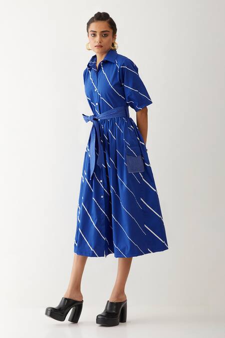 Shop Son Of A Noble Snob Blue Cotton Satin Bows Collared Olivia Stripe Print Dress Online at Aza Fashions Shop_Son Of A Noble Snob_Blue Cotton Satin Bows Collared Olivia Stripe Print Dress _Online_at_Aza_Fashions
