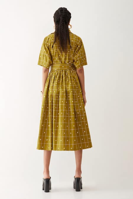 Shop Son Of A Noble Snob Gold Cotton Satin Collared Olivia Checkered Print Dress at Aza Fashions Shop_Son Of A Noble Snob_Gold Cotton Satin Collared Olivia Checkered Print Dress _at_Aza_Fashions