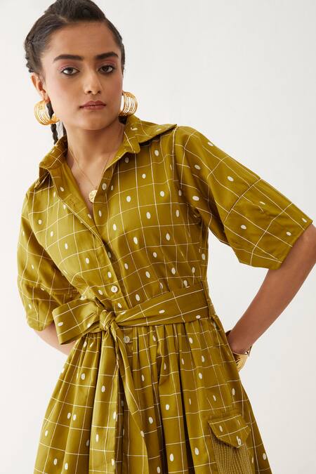 Buy Son Of A Noble Snob Gold Cotton Satin Collared Olivia Checkered Print Dress Online at Aza Fashions Buy_Son Of A Noble Snob_Gold Cotton Satin Collared Olivia Checkered Print Dress _Online_at_Aza_Fashions