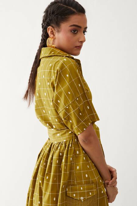 Shop Son Of A Noble Snob Gold Cotton Satin Collared Olivia Checkered Print Dress Online at Aza Fashions Shop_Son Of A Noble Snob_Gold Cotton Satin Collared Olivia Checkered Print Dress _Online_at_Aza_Fashions