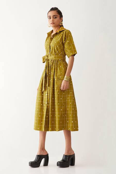 Son Of A Noble Snob Gold Cotton Satin Collared Olivia Checkered Print Dress at Aza Fashions Son Of A Noble Snob_Gold Cotton Satin Collared Olivia Checkered Print Dress _at_Aza_Fashions