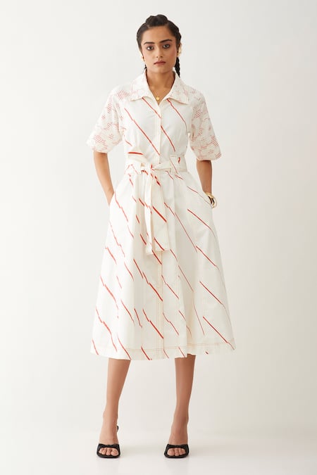 Son Of A Noble Snob Off White Cotton Satin Collared Paloma Stripe Print Dress 