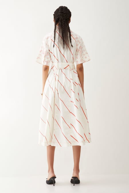Shop_Son Of A Noble Snob_Off White Cotton Satin Collared Paloma Stripe Print Dress _at_Aza_Fashions