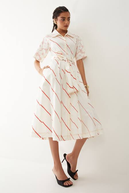 Son Of A Noble Snob_Off White Cotton Satin Collared Paloma Stripe Print Dress _Online_at_Aza_Fashions