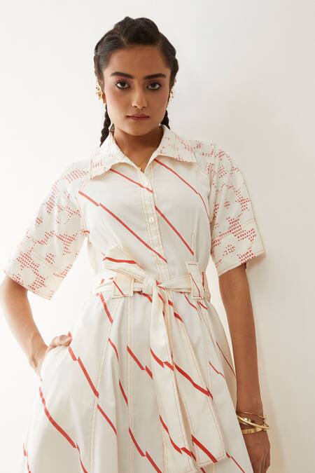 Buy_Son Of A Noble Snob_Off White Cotton Satin Collared Paloma Stripe Print Dress _Online_at_Aza_Fashions