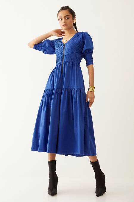 Son Of A Noble Snob_Blue Cotton Satin V-neck Robie Textured Yoke Dress _Online_at_Aza_Fashions