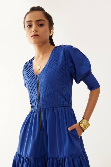 Buy_Son Of A Noble Snob_Blue Cotton Satin V-neck Robie Textured Yoke Dress _Online_at_Aza_Fashions
