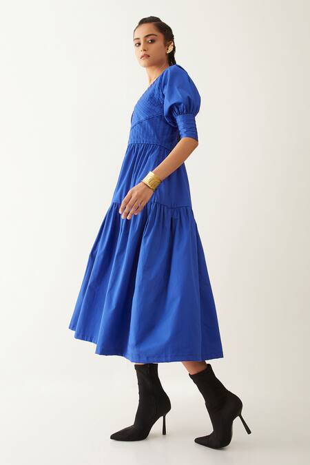 Shop_Son Of A Noble Snob_Blue Cotton Satin V-neck Robie Textured Yoke Dress _Online_at_Aza_Fashions