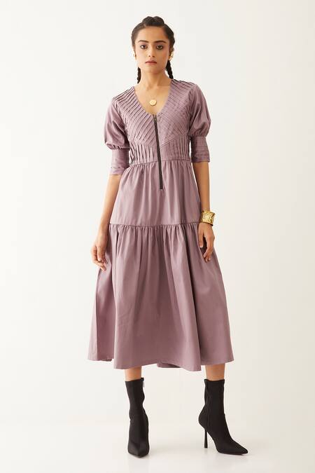Son Of A Noble Snob Purple Cotton Satin V-neck Robie Textured Tiered Dress 