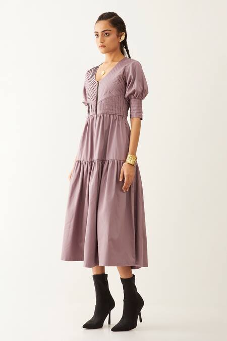 Son Of A Noble Snob_Purple Cotton Satin V-neck Robie Textured Tiered Dress _Online_at_Aza_Fashions