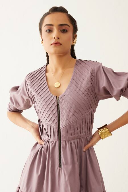 Buy_Son Of A Noble Snob_Purple Cotton Satin V-neck Robie Textured Tiered Dress _Online_at_Aza_Fashions
