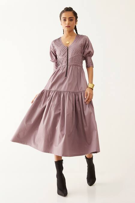Shop_Son Of A Noble Snob_Purple Cotton Satin V-neck Robie Textured Tiered Dress _Online_at_Aza_Fashions