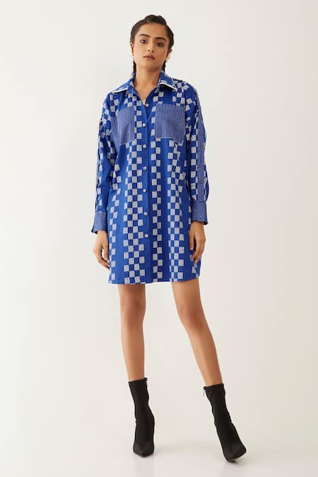 Son Of A Noble Snob Blue Cotton Satin Collared Ruby Checkered Print Shirt Dress 