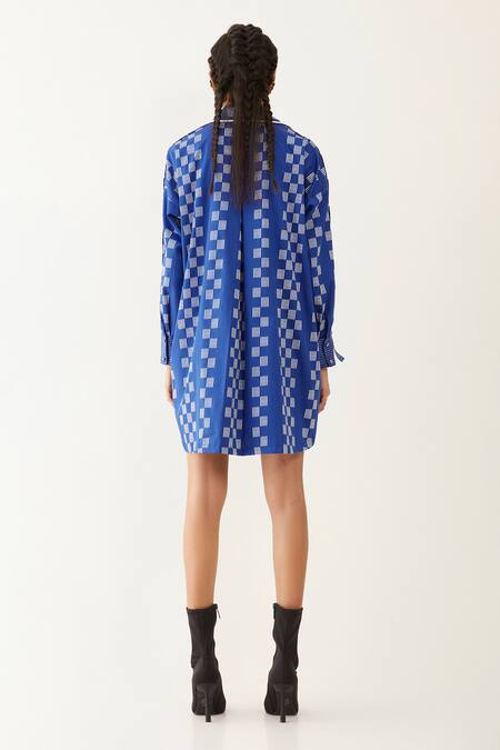 Shop Son Of A Noble Snob Blue Cotton Satin Collared Ruby Checkered Print Shirt Dress at Aza Fashions Shop_Son Of A Noble Snob_Blue Cotton Satin Collared Ruby Checkered Print Shirt Dress _at_Aza_Fashions