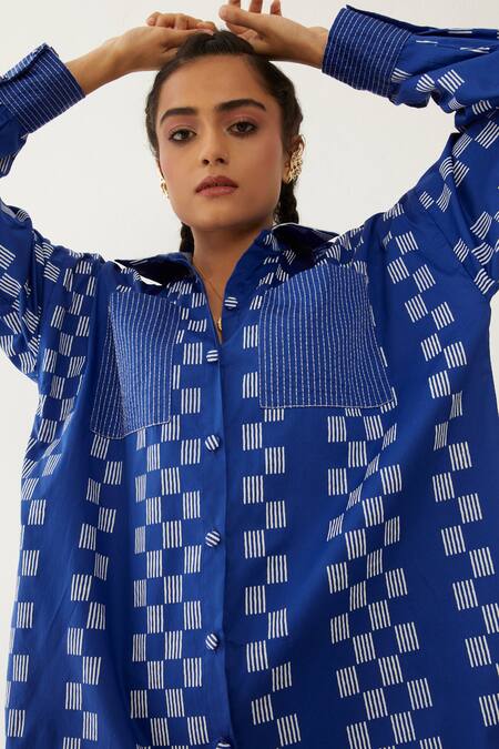 Buy Son Of A Noble Snob Blue Cotton Satin Collared Ruby Checkered Print Shirt Dress Online at Aza Fashions Buy_Son Of A Noble Snob_Blue Cotton Satin Collared Ruby Checkered Print Shirt Dress _Online_at_Aza_Fashions