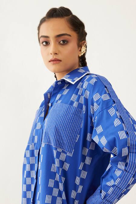 Shop Son Of A Noble Snob Blue Cotton Satin Collared Ruby Checkered Print Shirt Dress Online at Aza Fashions Shop_Son Of A Noble Snob_Blue Cotton Satin Collared Ruby Checkered Print Shirt Dress _Online_at_Aza_Fashions