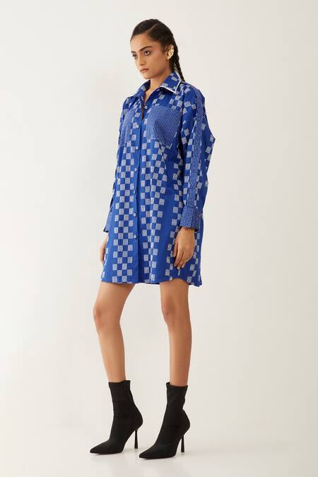 Son Of A Noble Snob Blue Cotton Satin Collared Ruby Checkered Print Shirt Dress at Aza Fashions Son Of A Noble Snob_Blue Cotton Satin Collared Ruby Checkered Print Shirt Dress _at_Aza_Fashions