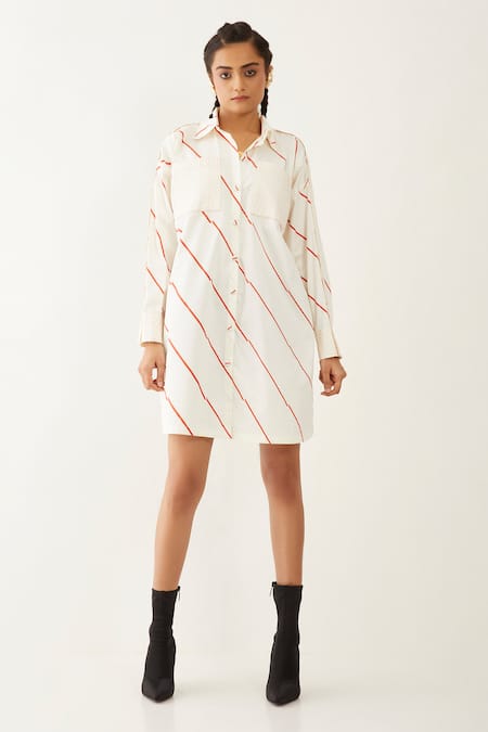 Son Of A Noble Snob Off White Cotton Satin Collared Ruby Stripe Print Shirt Dress 