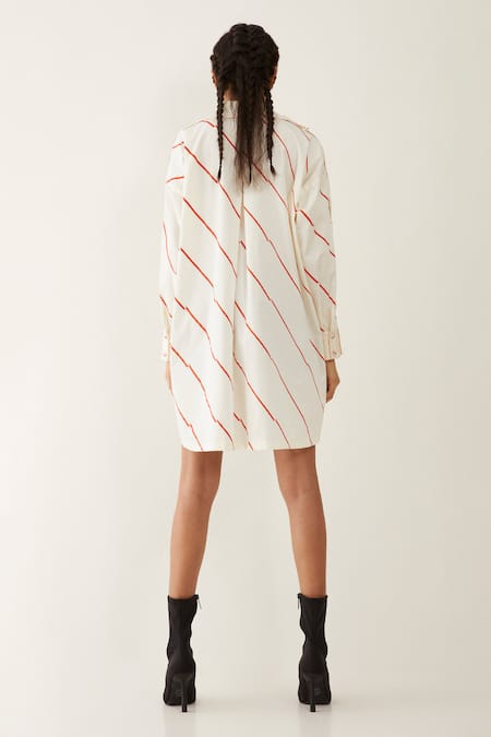 Shop Son Of A Noble Snob Off White Cotton Satin Collared Ruby Stripe Print Shirt Dress at Aza Fashions Shop_Son Of A Noble Snob_Off White Cotton Satin Collared Ruby Stripe Print Shirt Dress _at_Aza_Fashions