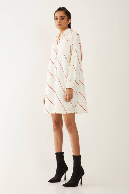 Son Of A Noble Snob Off White Cotton Satin Collared Ruby Stripe Print Shirt Dress Online at Aza Fashions Son Of A Noble Snob_Off White Cotton Satin Collared Ruby Stripe Print Shirt Dress _Online_at_Aza_Fashions