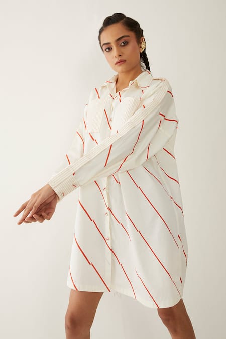 Buy Son Of A Noble Snob Off White Cotton Satin Collared Ruby Stripe Print Shirt Dress Online at Aza Fashions Buy_Son Of A Noble Snob_Off White Cotton Satin Collared Ruby Stripe Print Shirt Dress _Online_at_Aza_Fashions