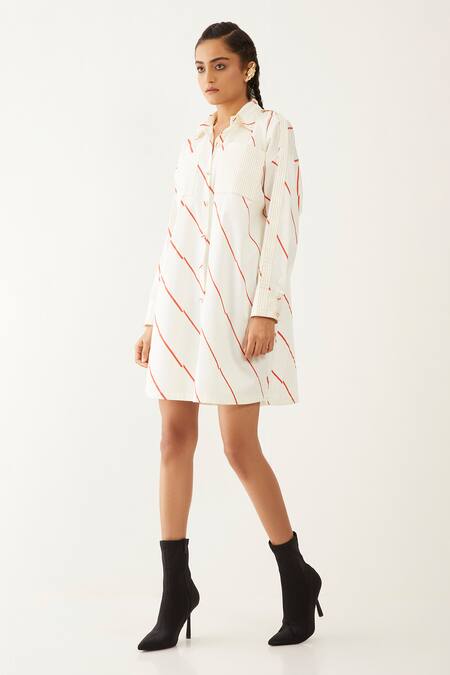 Shop Son Of A Noble Snob Off White Cotton Satin Collared Ruby Stripe Print Shirt Dress Online at Aza Fashions Shop_Son Of A Noble Snob_Off White Cotton Satin Collared Ruby Stripe Print Shirt Dress _Online_at_Aza_Fashions