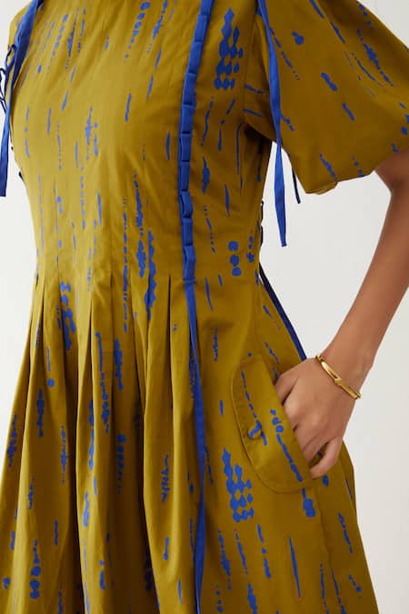 Son Of A Noble Snob Gold Cotton Satin Bows Round Neck Sira Blot Print Dress Online at Aza Fashions Son Of A Noble Snob_Gold Cotton Satin Bows Round Neck Sira Blot Print Dress _Online_at_Aza_Fashions