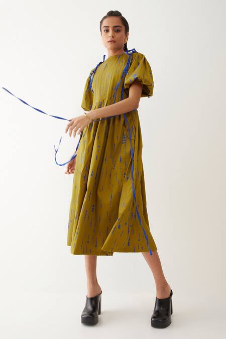 Shop Son Of A Noble Snob Gold Cotton Satin Bows Round Neck Sira Blot Print Dress Online at Aza Fashions Shop_Son Of A Noble Snob_Gold Cotton Satin Bows Round Neck Sira Blot Print Dress _Online_at_Aza_Fashions